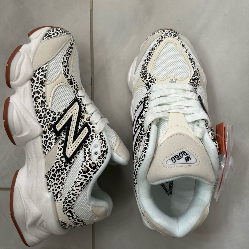 New Balance White and Black Leopard Print Sneakers